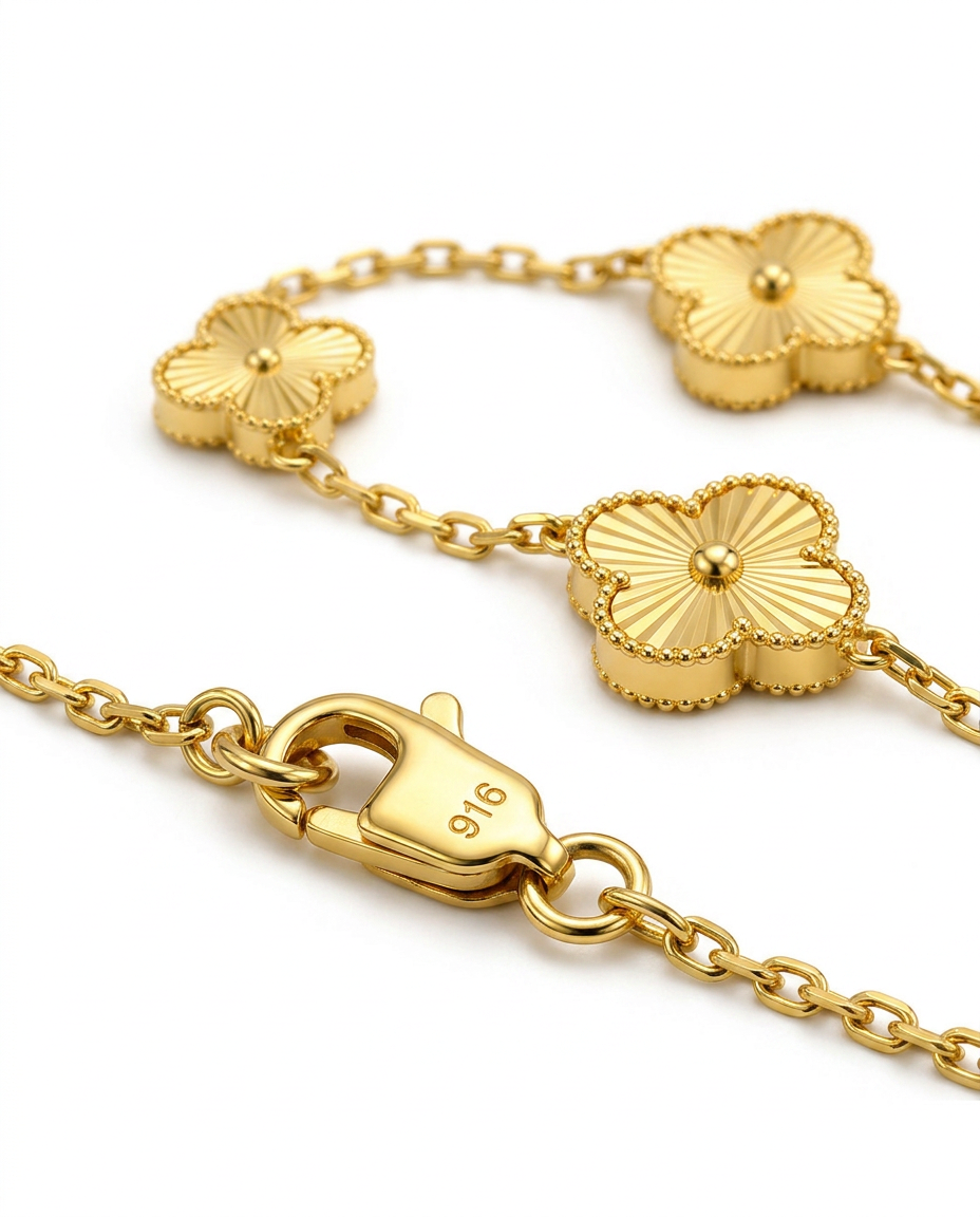 916 Gold Necklace 5 Clover Carved C S