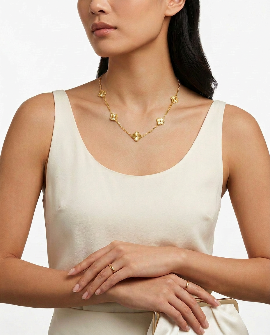 916 Gold Necklace 5 Clover Carved C S