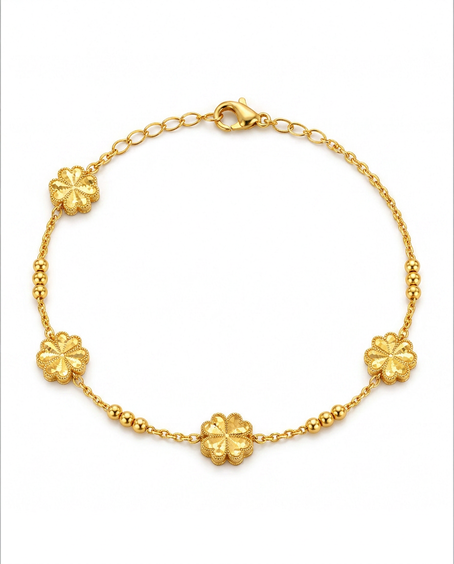 916 Gold Bracelet 4 Glitter Clover Beads