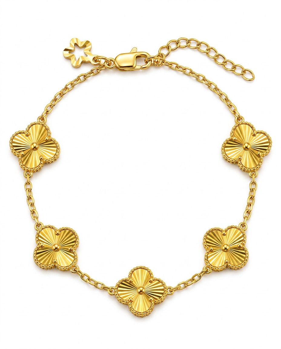 916 Gold Bracelet 5 Clover Carved D S