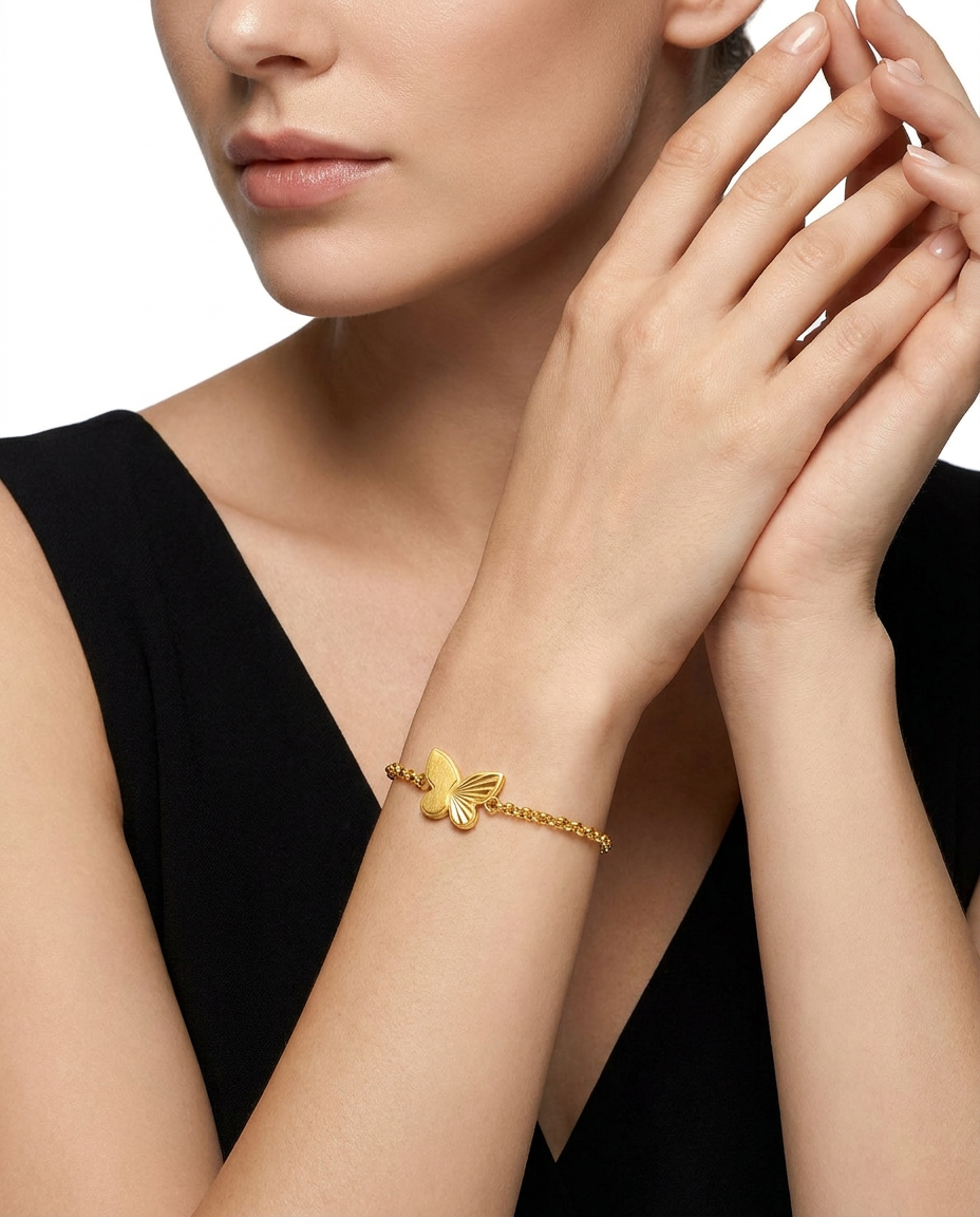 916 Gold Bracelet Dual Side Carved Butterfly