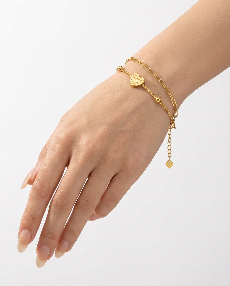 916 Gold Bracelet Duo Heart Chain