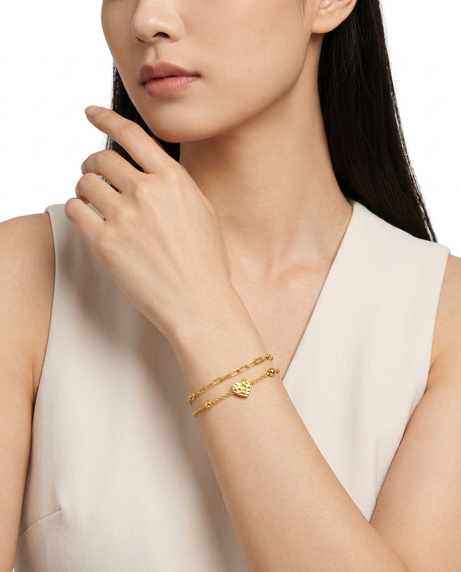 916 Gold Bracelet Duo Heart Chain