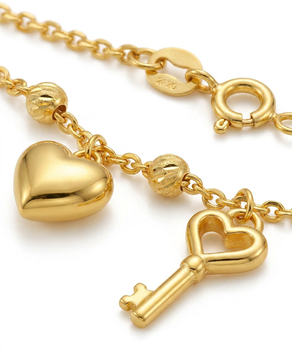 916 Gold Bracelet Lovie Key with Beads