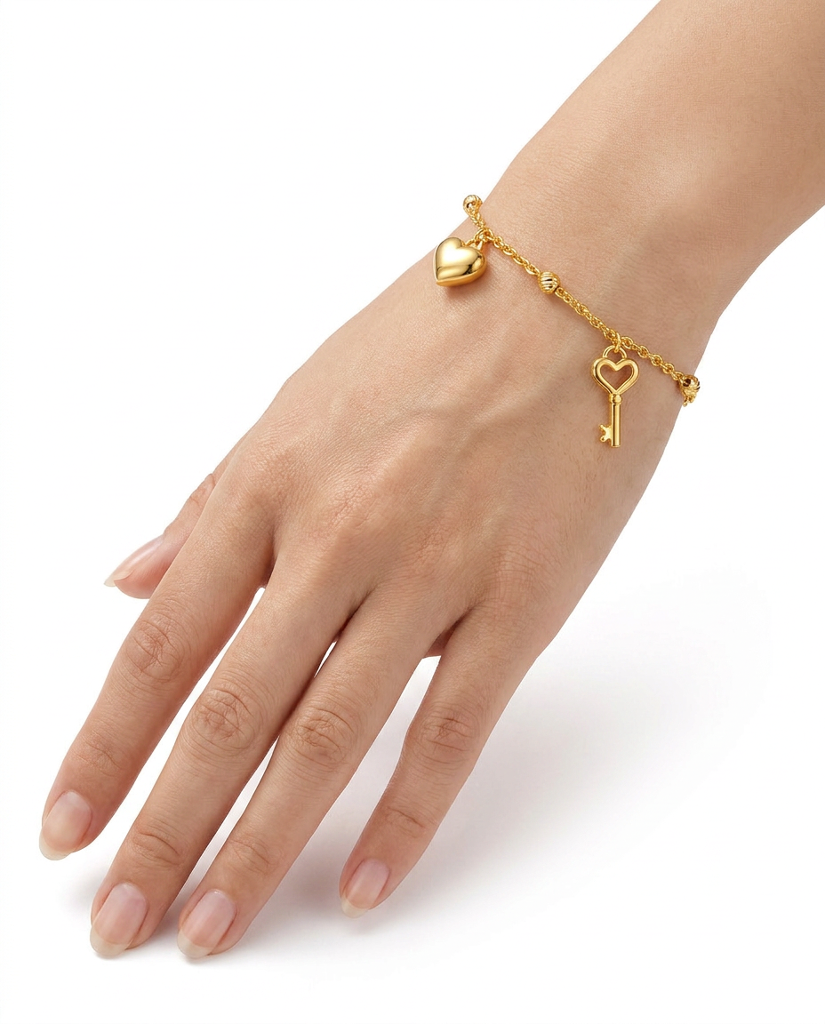 916 Gold Bracelet Lovie Key with Beads