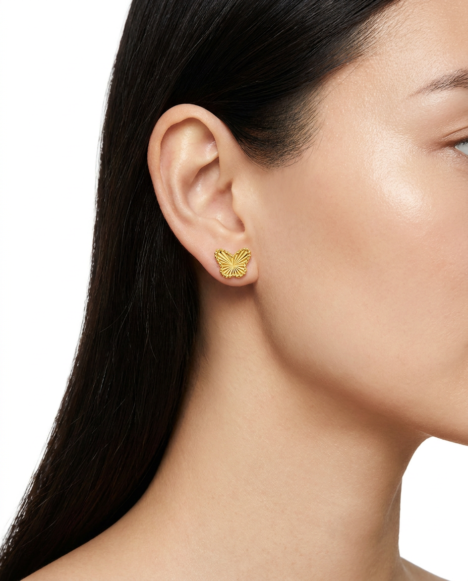 916 Gold Earrings Butterfly Carved F