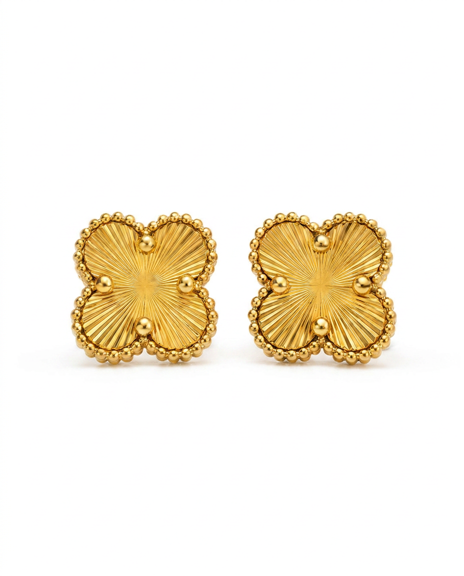 916 Gold Earrings Rainbow Clover Carved C