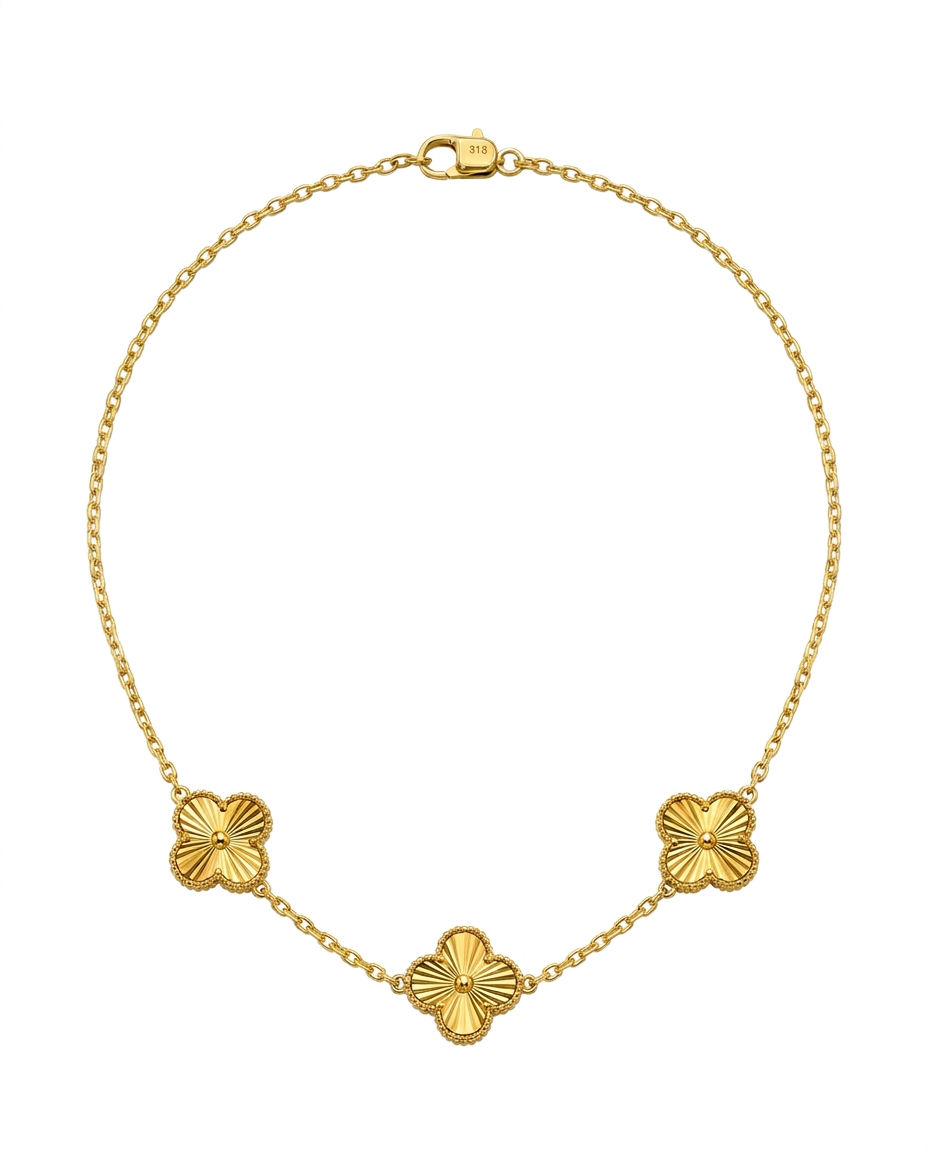 916 Gold Necklace 3 Clover Carved D S