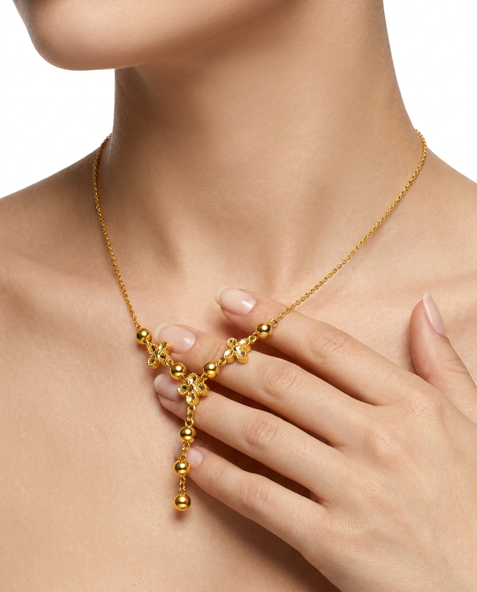916 Gold Necklace 3 Glitter Petals with Beads