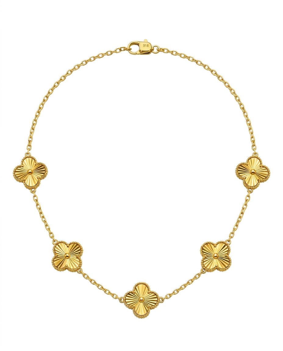 916 Gold Necklace 5 Clover Carved D S