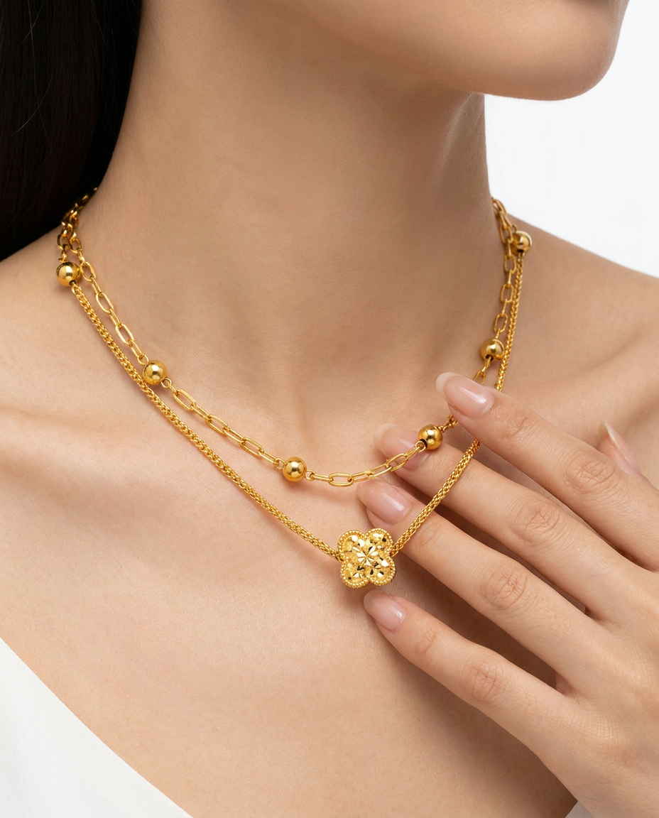 916 Gold Necklace Dual Strand Glitter Bloom