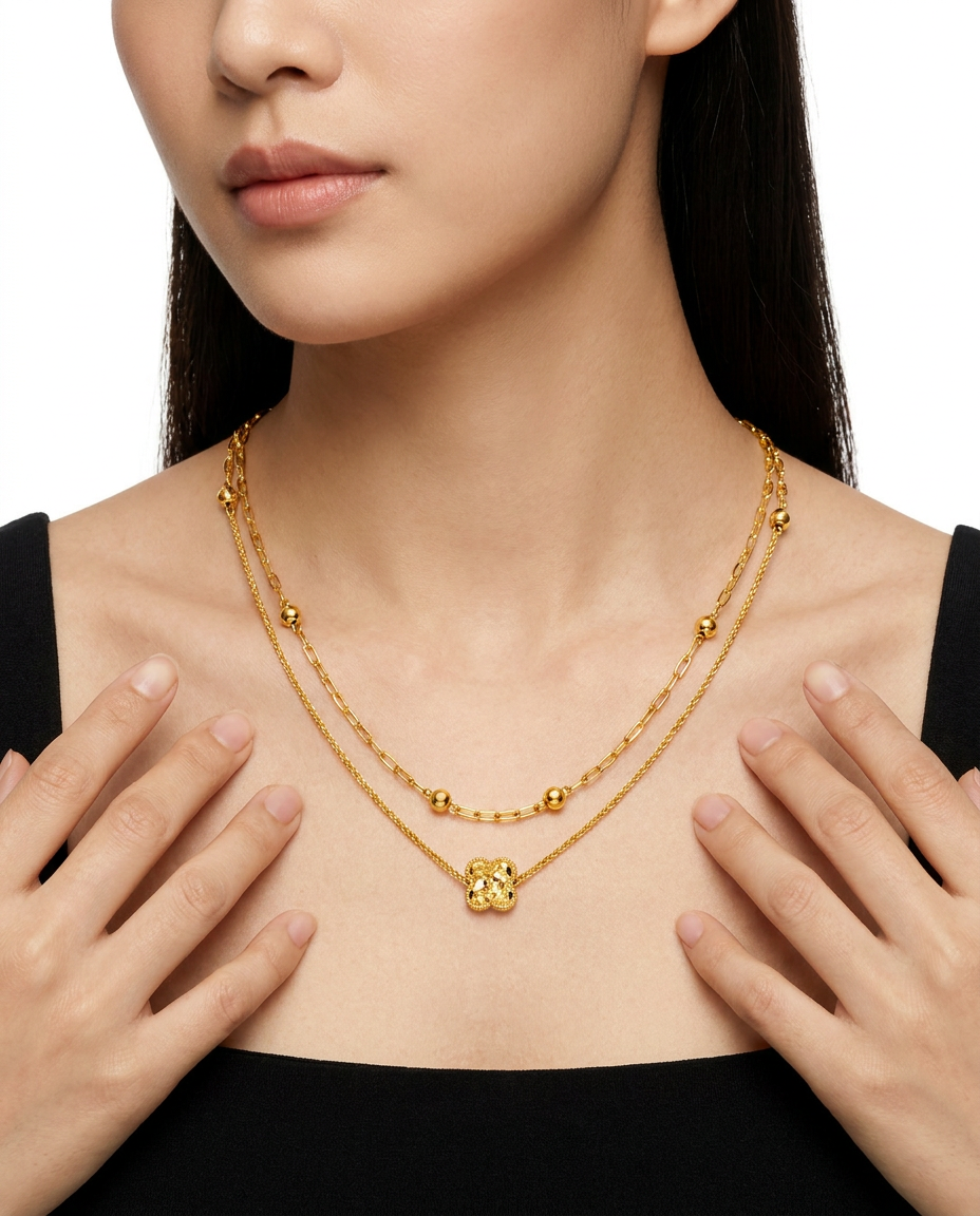 916 Gold Necklace Dual Strand Glitter Bloom