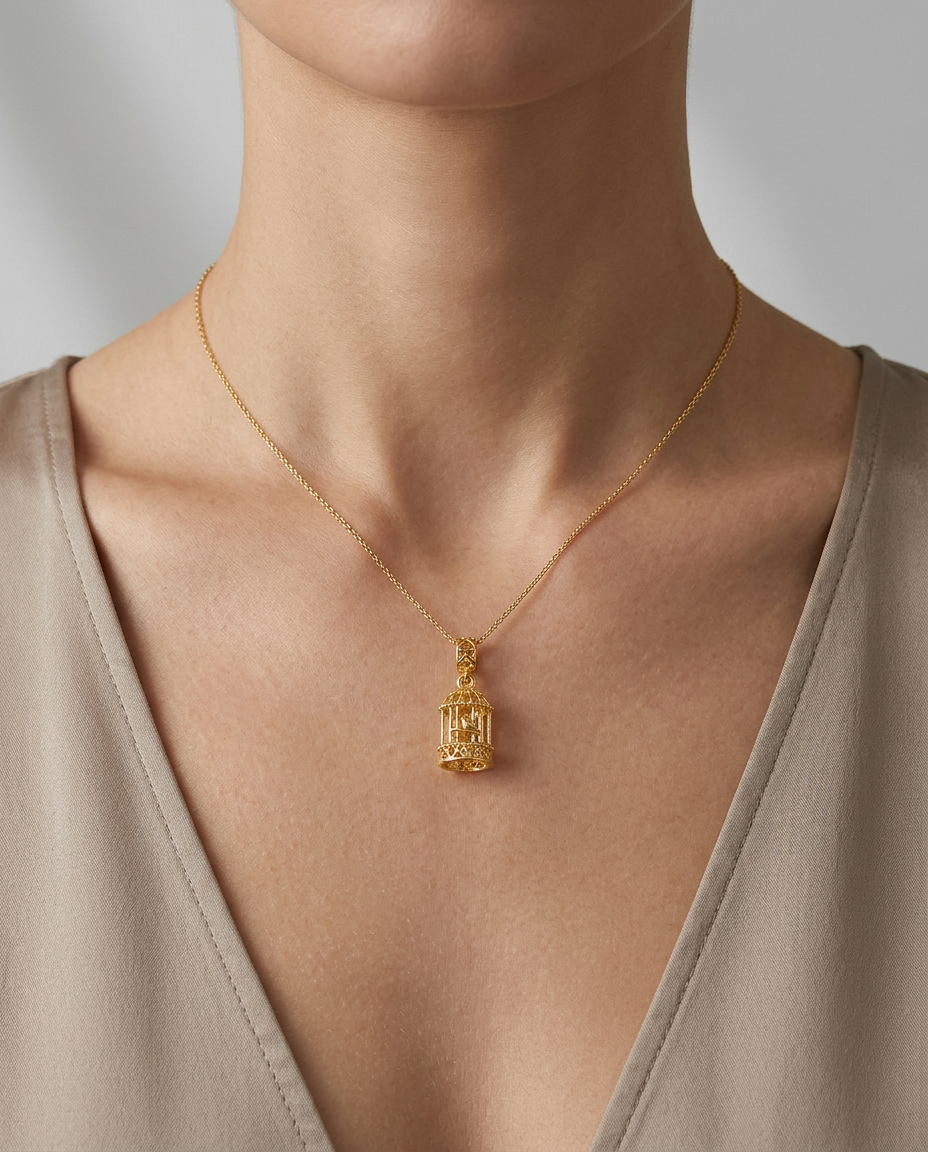 916 Gold Pendant Golden Bird Cage