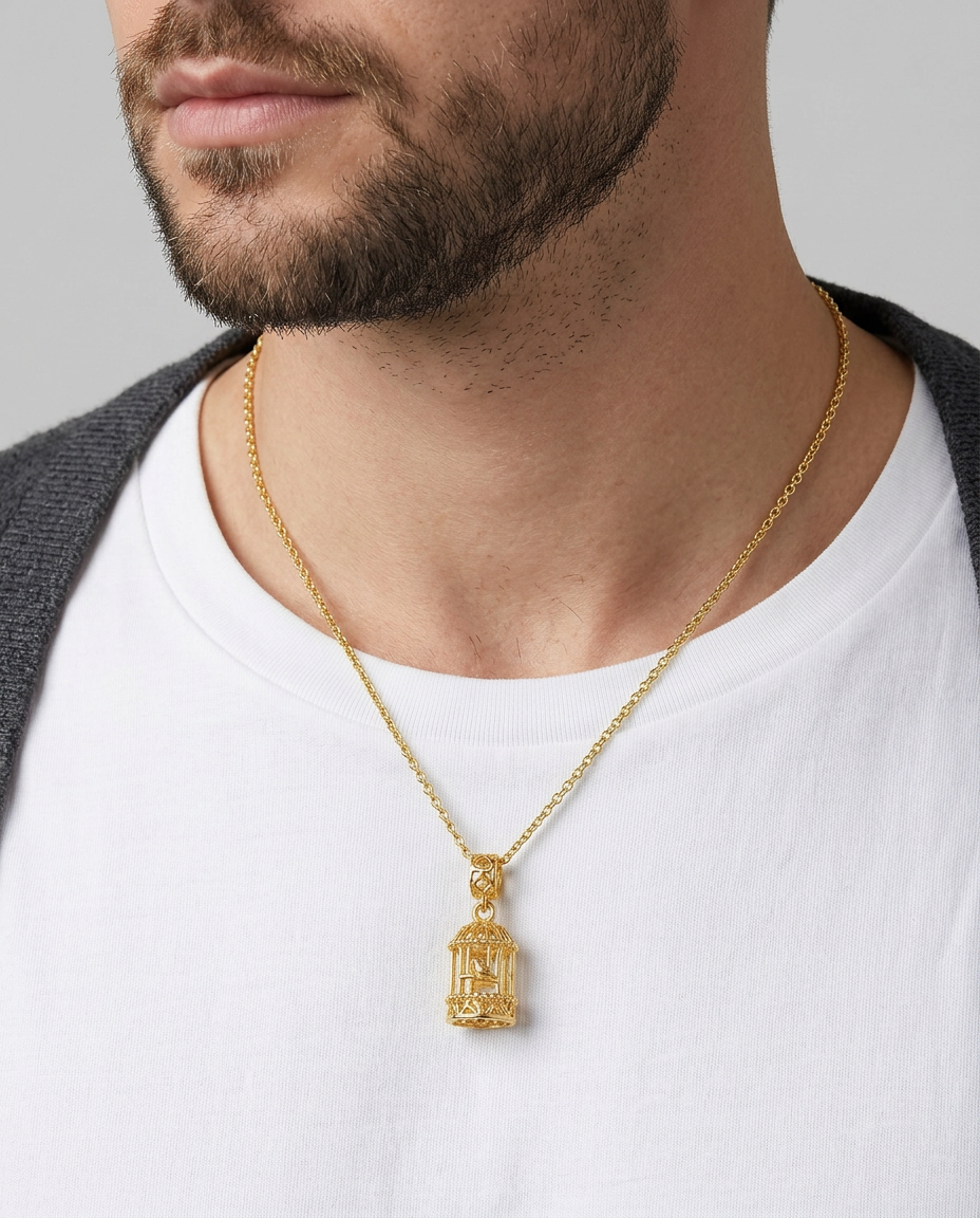916 Gold Pendant Golden Bird Cage